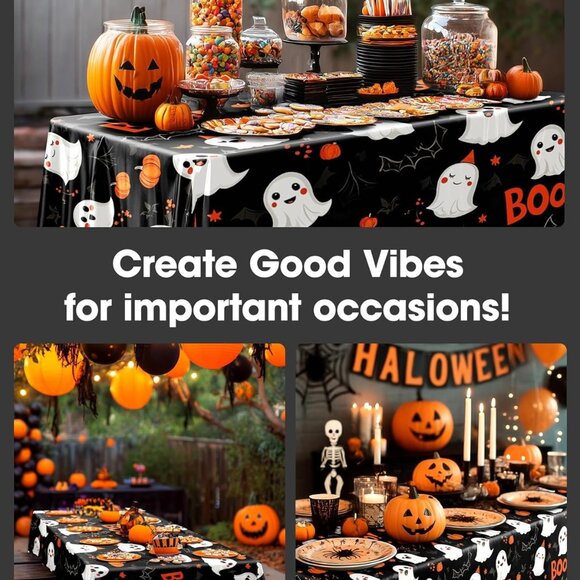 8-Pack Black Plastic Halloween Tablecloths | 54" x 108" Disposable Rectangle - Picture 3 of 6